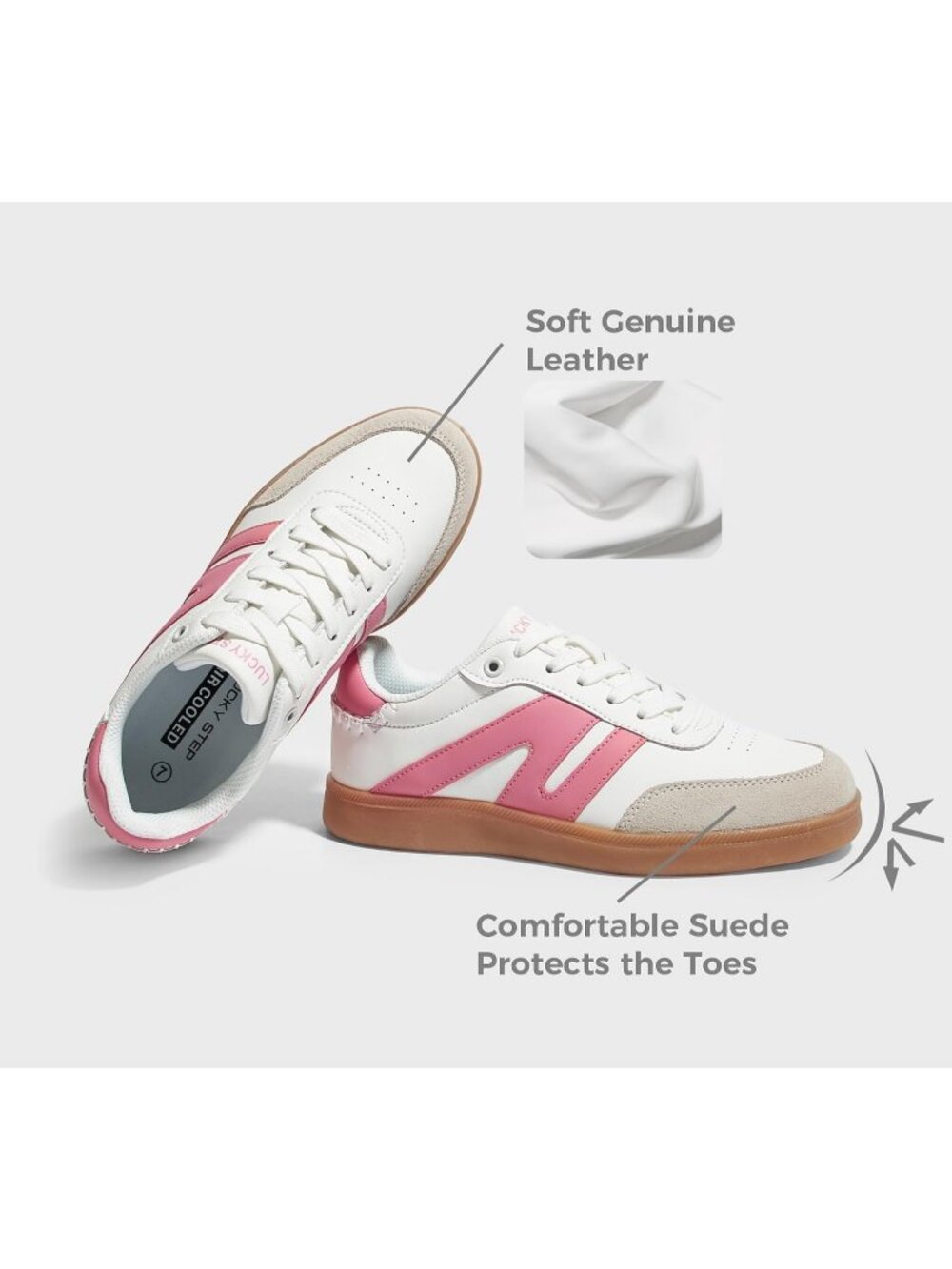 Women's White Pink Leather Lace Up Classic Retro Gum Sole Fashion Sneakers - Picture 4 of 6